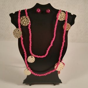 Necklace earring set pink seedbead gold coin long